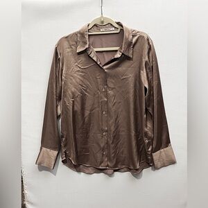 Abercrombie & Fitch Satin Silky Taupe Tan Button-Up Top Large